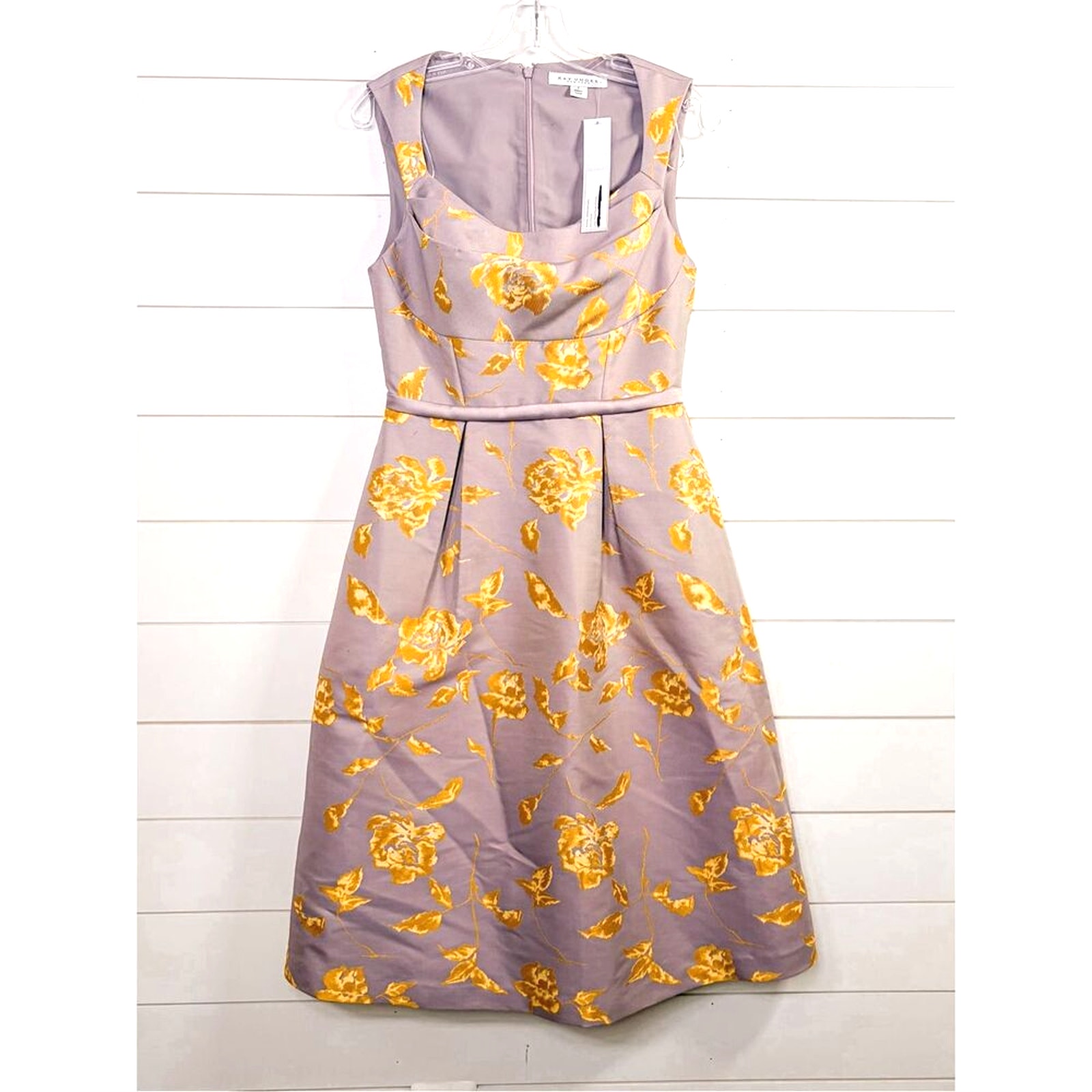 Nwt Kay Unger Women's Floral Jacquard Sleeveless Midi Dress Lilac Gold Size 6